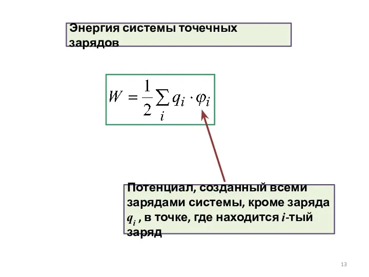 Энергия системы точечных зарядов Потенциал, созданный всеми зарядами системы, кроме заряда qi