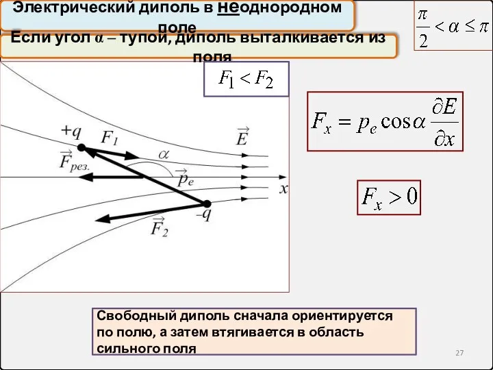 Электрический диполь в неоднородном поле Если угол α – тупой, диполь выталкивается