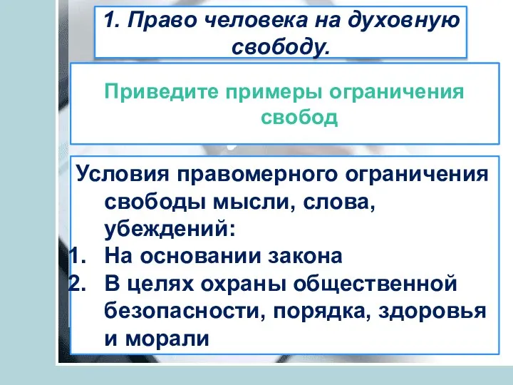 1. Право человека на духовную свободу. Право не безгранично, оно предполагает предел