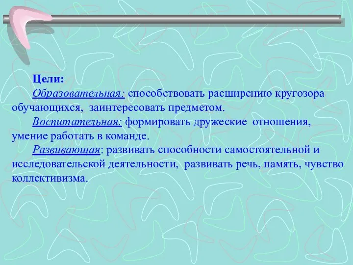 Цели: Образовательная: способствовать расширению кругозора обучающихся, заинтересовать предметом. Воспитательная: формировать дружеские отношения,