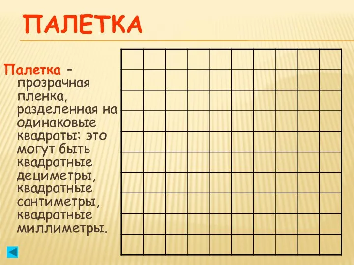 ПАЛЕТКА Палетка – прозрачная пленка, разделенная на одинаковые квадраты: это могут быть