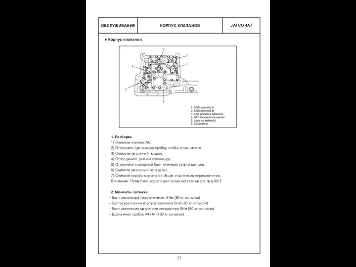 КОРПУС КЛАПАНОВ ОБСЛУЖИВАНИЕ Корпус клапанов 1. Разборка 1) Снимите клеммы АБ. 2)