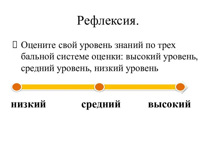 Рефлексия. Оцените свой уровень знаний по трех бальной системе оценки: высокий уровень,