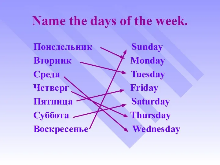 Name the days of the week. Понедельник Sunday Вторник Monday Среда Tuesday