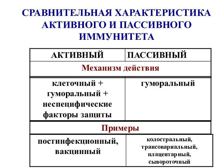 СРАВНИТЕЛЬНАЯ ХАРАКТЕРИСТИКА АКТИВНОГО И ПАССИВНОГО ИММУНИТЕТА