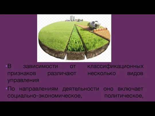 В зависимости от классификационных признаков различают несколько видов управления. По направлениям деятельности