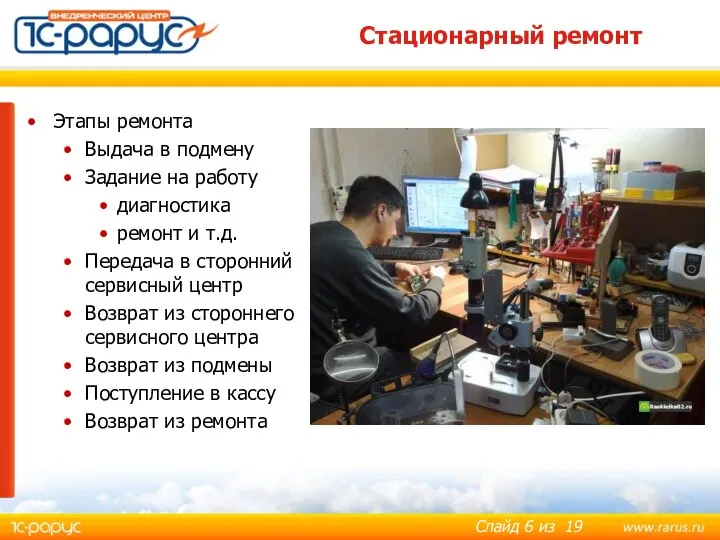 Стационарный ремонт Этапы ремонта Выдача в подмену Задание на работу диагностика ремонт