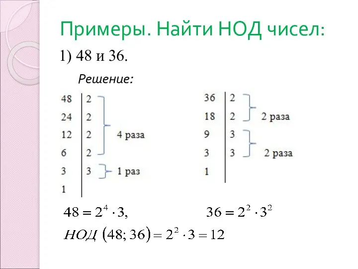 Примеры. Найти НОД чисел: 1) 48 и 36. Решение: