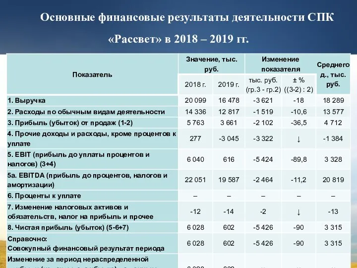 Основные финансовые результаты деятельности СПК «Рассвет» в 2018 – 2019 гг.