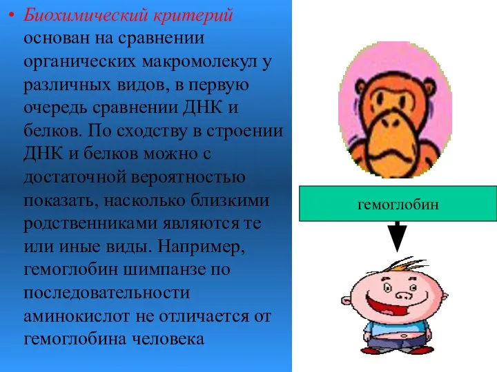 Биохимический критерий основан на сравнении органических макромолекул у различных видов, в первую