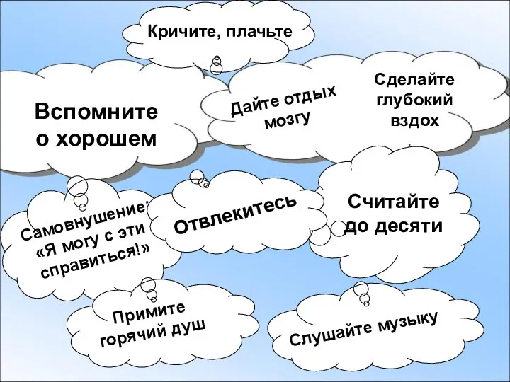 Вспомните о хорошем Дайте отдых мозгу Самовнушение; «Я могу с эти справиться!»