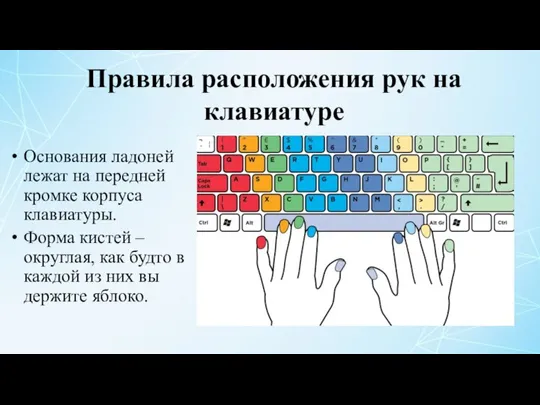 Правила расположения рук на клавиатуре Основания ладоней лежат на передней кромке корпуса