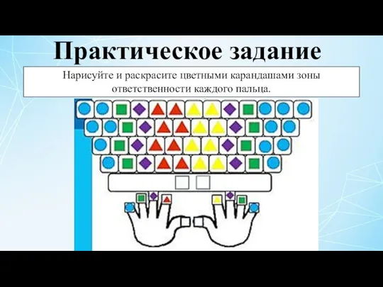 Нарисуйте и раскрасите цветными карандашами зоны ответственности каждого пальца. Практическое задание