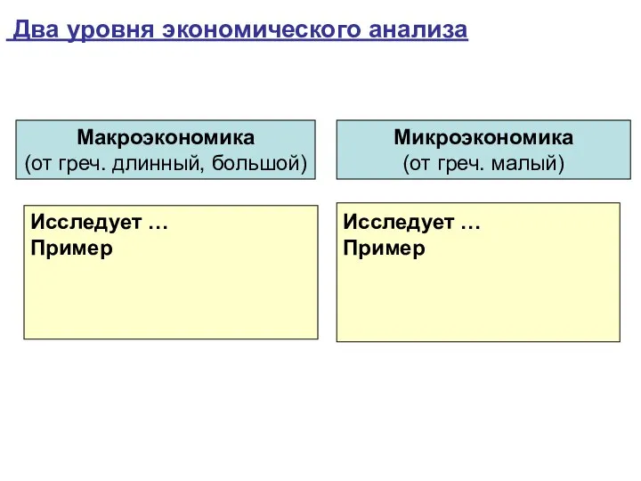 Два уровня экономического анализа Исследует … Пример Исследует … Пример Макроэкономика (от