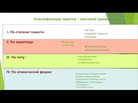 Классификация черепно – мозговой травмы I. По степени тяжести: легкая средней тяжести