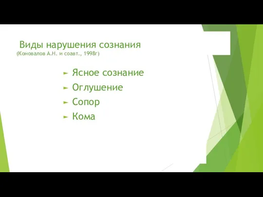 Виды нарушения сознания (Коновалов А.Н. и соавт., 1998г) Ясное сознание Оглушение Сопор Кома