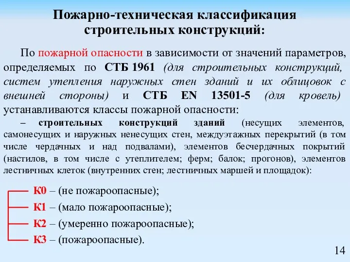 Пожарно-техническая классификация строительных конструкций: По пожарной опасности в зависимости от значений параметров,