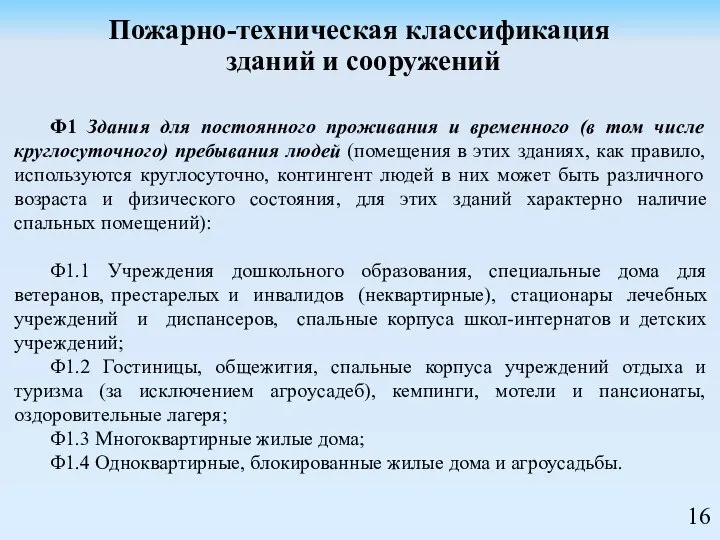 Ф1 Здания для постоянного проживания и временного (в том числе круглосуточного) пребывания