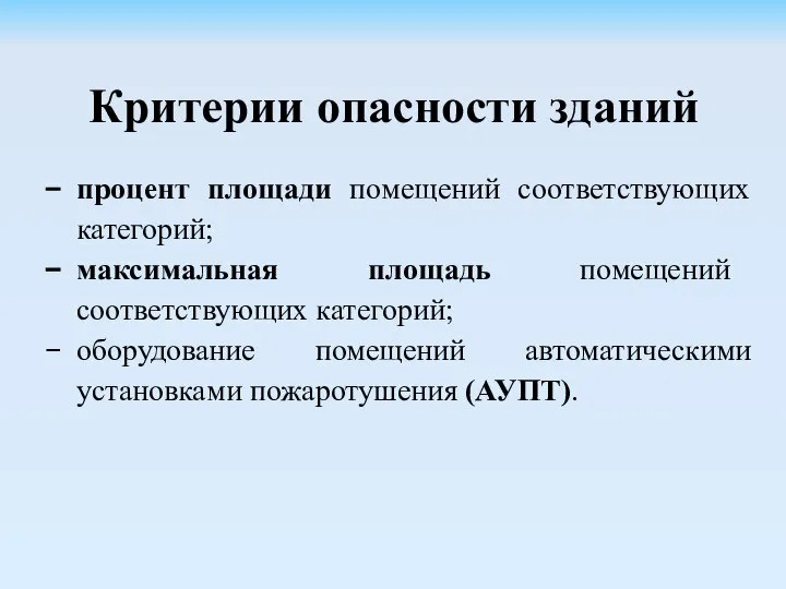 Критерии опасности зданий процент площади помещений соответствующих категорий; максимальная площадь помещений соответствующих