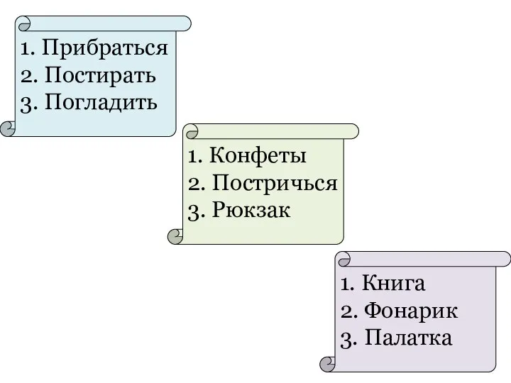 1. Прибраться 2. Постирать 3. Погладить 1. Конфеты 2. Постричься 3. Рюкзак