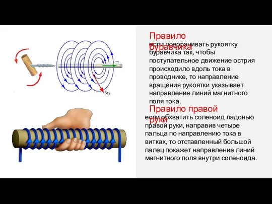 если поворачивать рукоятку буравчика так, чтобы поступательное движение острия происходило вдоль тока