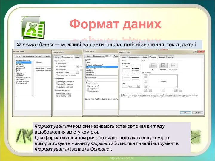 Формат даних — можливі варіанти: числа, логічні значення, текст, дата і час.