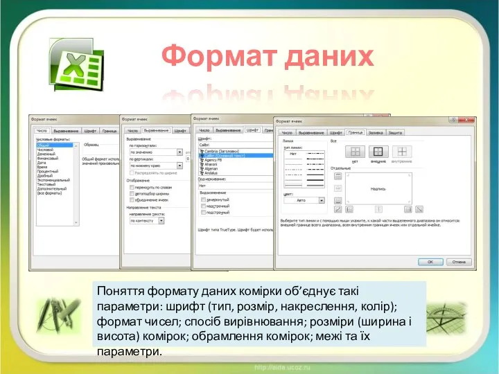 Формат даних Поняття формату даних комірки об’єднує такі параметри: шрифт (тип, розмір,