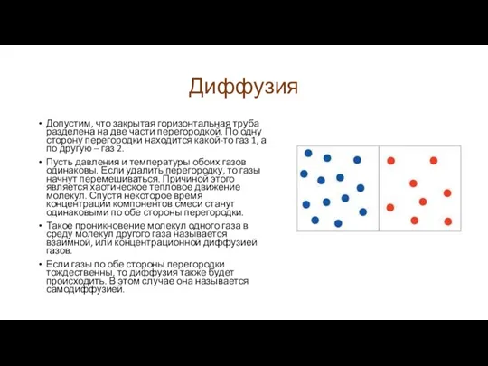 Диффузия Допустим, что закрытая горизонтальная труба разделена на две части перегородкой. По