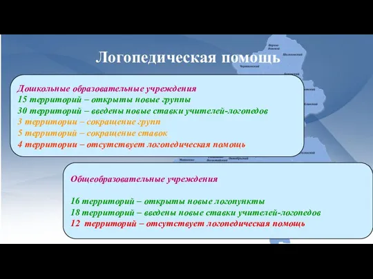 Логопедическая помощь Дошкольные образовательные учреждения 15 территорий – открыты новые группы 30