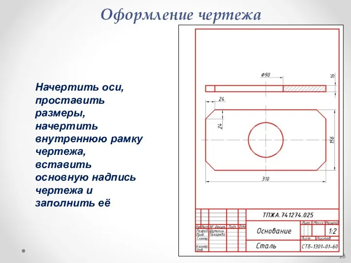 Оформление чертежа Начертить оси, проставить размеры, начертить внутреннюю рамку чертежа, вставить основную