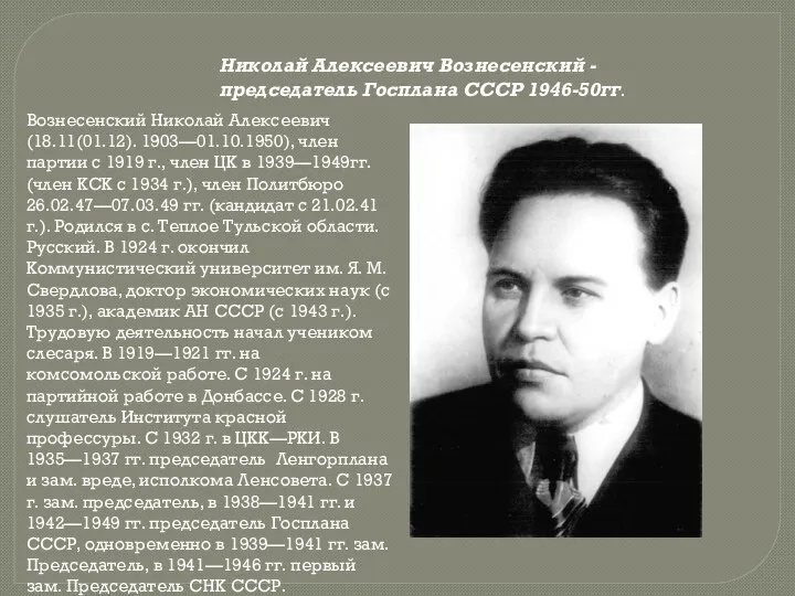 Николай Алексеевич Вознесенский - председатель Госплана СССР 1946-50гг. Вознесенский Николай Алексеевич (18.11(01.12).