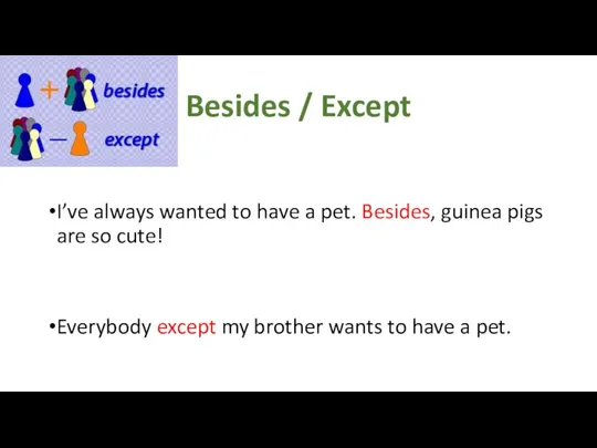 Besides / Except I’ve always wanted to have a pet. Besides, guinea