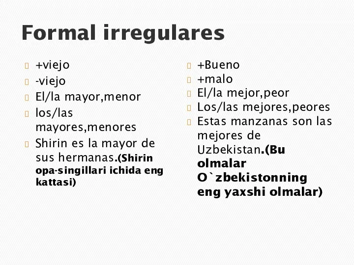 Formal irregulares +viejo -viejo El/la mayor,menor los/las mayores,menores Shirin es la mayor