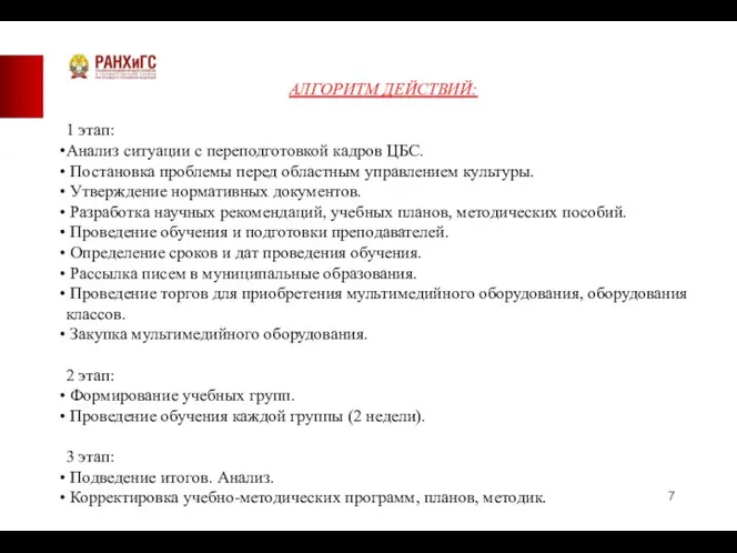 7 АЛГОРИТМ ДЕЙСТВИЙ: 1 этап: Анализ ситуации с переподготовкой кадров ЦБС. Постановка