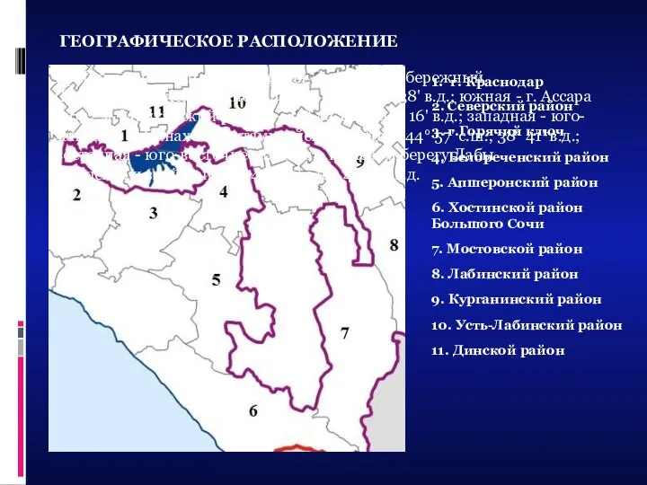 ГЕОГРАФИЧЕСКОЕ РАСПОЛОЖЕНИЕ 1. г. Краснодар 2. Северский район 3. г.Горячий ключ 4.