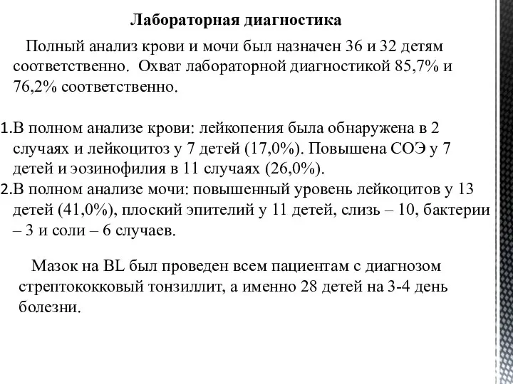 Лабораторная диагностика Полный анализ крови и мочи был назначен 36 и 32