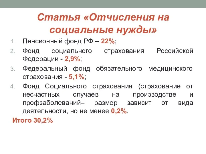 Статья «Отчисления на социальные нужды» Пенсионный фонд РФ – 22%; Фонд социального
