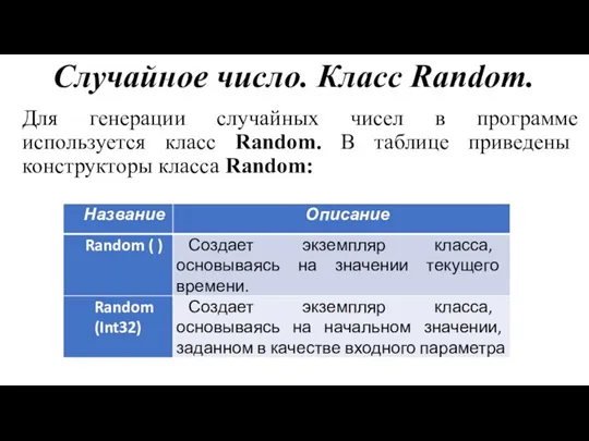 Случайное число. Класс Random. Для генерации случайных чисел в программе используется класс