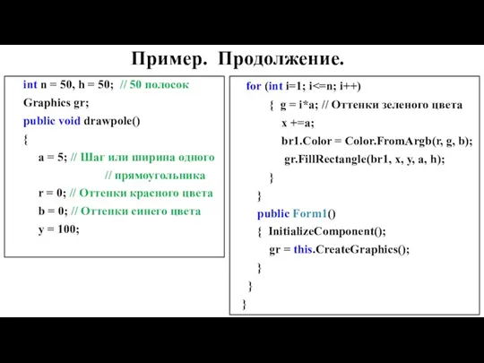 Пример. Продолжение. int n = 50, h = 50; // 50 полосок