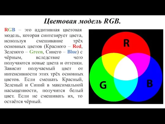 Цветовая модель RGB. RGB – это аддитивная цветовая модель, которая синтезирует цвета,
