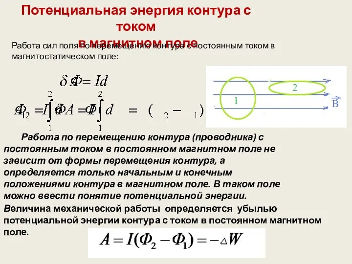 Потенциальная энергия контура с током в магнитном поле Работа по перемещению контура