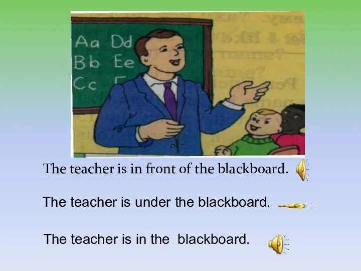 The teacher is in front of the blackboard. The teacher is under
