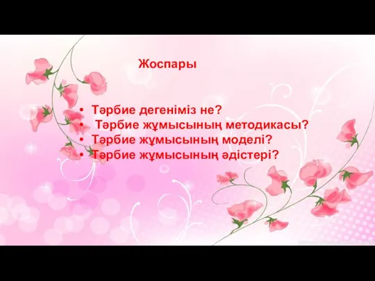 Жоспары Тəрбие дегеніміз не? Тəрбие жұмысының методикасы? Тəрбие жұмысының моделі? Тəрбие жұмысының əдістері?