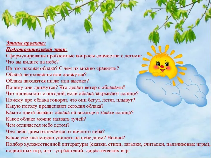 Этапы проекта: Подготовительный этап: Сформулированы проблемные вопросы совместно с детьми: Что вы