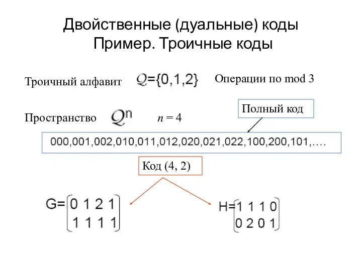 Двойственные (дуальные) коды Пример. Троичные коды Троичный алфавит Операции по mod 3