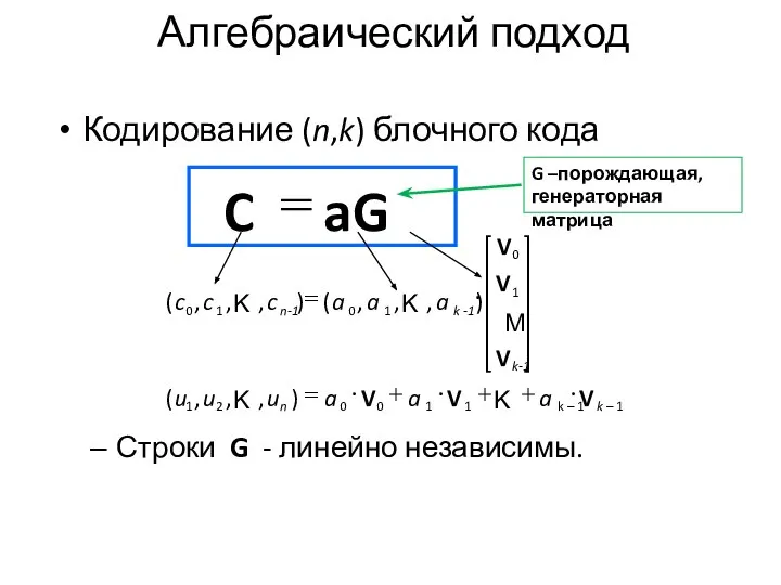 Алгебраический подход Кодирование (n,k) блочного кода Строки G - линейно независимы. aG