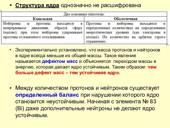 Структура ядра однозначно не расшифрована Экспериментально установлено, что масса протонов и нейтронов