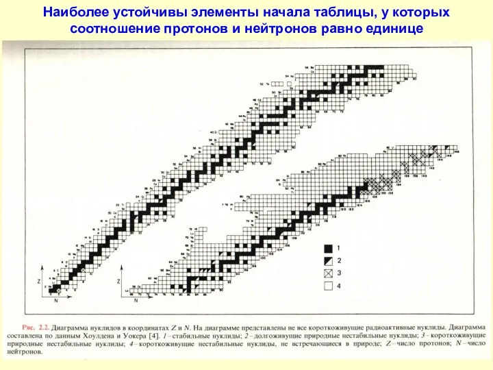 Наиболее устойчивы элементы начала таблицы, у которых соотношение протонов и нейтронов равно единице