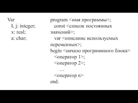 Var I, j: integer; x: real; a: char; program ; const ;