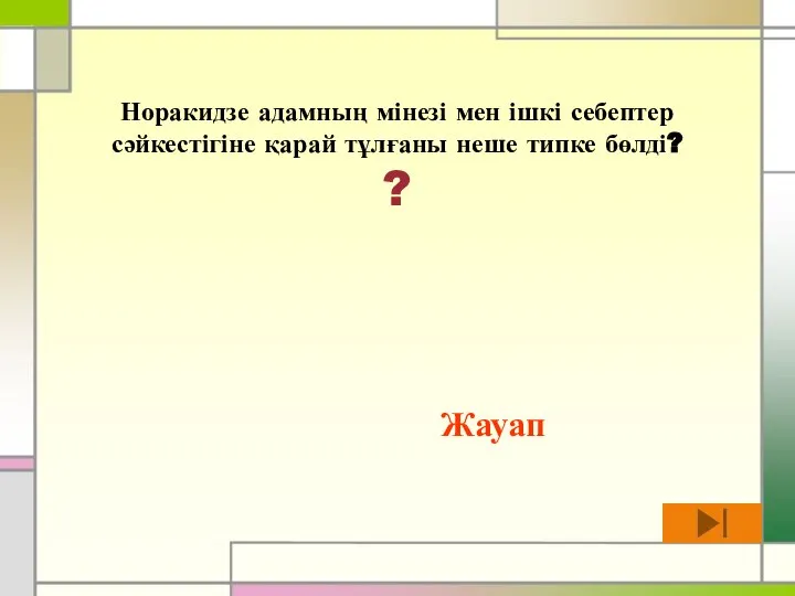 Норакидзе адамның мінезі мен ішкі себептер сәйкестігіне қарай тұлғаны неше типке бөлді? ? Жауап